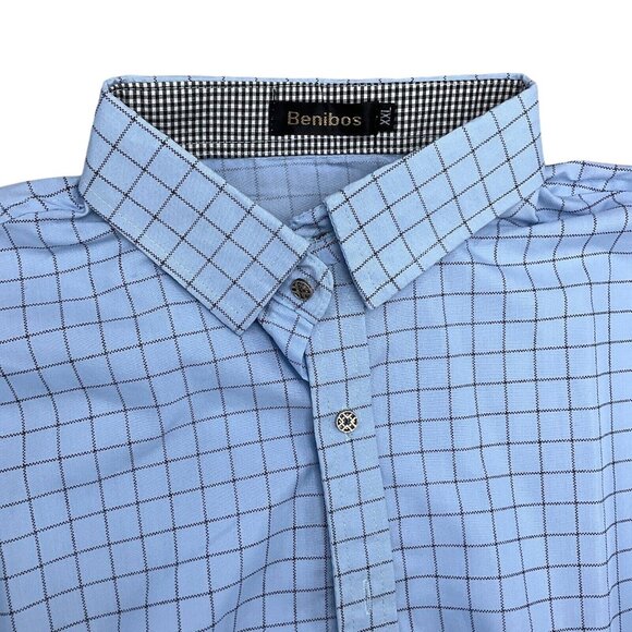 Benibos Shirt Men 2XLarge Blue Black‎ Check Cotton Preppy Dress Classic VTG - Picture 1 of 12